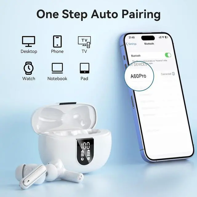 Alt view image 4 of 7 - Wireless Earbuds Bluetooth 5.3 Headphones 40Hrs Playtime Deep Bass Stereo in-Ear Earbud LED Power Display Call Noise Canceling Headphones with Mic IP7 Waterproof Earphones for iPhone Android
