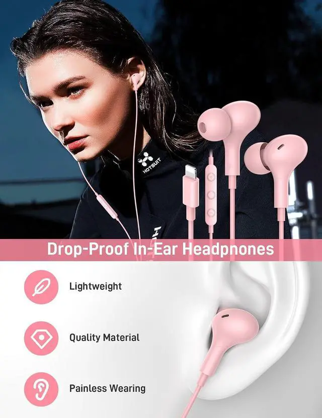 Alt view image 3 of 7 - for MFi-Certified Headphones for Lightning Wired Earbuds Magnetic Ear Buds with HiFi Bass 3 Ear Tips Mic Corded Earphones for Gym Commuting for iPhone 14 Plus 13 12 11 Pro Max Pink