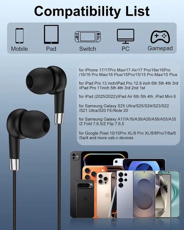 Alt view image 7 of 7 - Type C Headphones Wired Earbuds for Galaxy A57 A37 A16 S26Ultra S25 | USB-C Wired Earbuds in-Ear Earphones with Microphone & Noise Cancelling Earpods USB C Buds for Galaxy Z Flip7 Fold7 iPhone 17