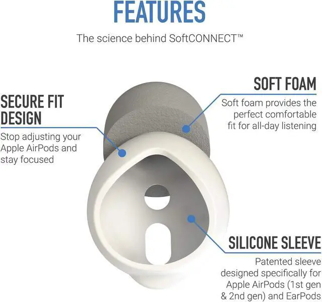 Alt view image 4 of 7 - Comply SoftCONNECT | Foam Replacement Earbud Tips for AirPods 1 & 2 Earpods Most Generic Models of Comparable Size | Gray Large