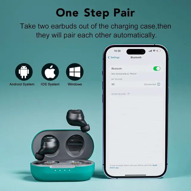 Alt view image 4 of 6 - X9 Wireless Earbuds Bluetooth 5.3 Headphones Waterproof Stereo Earphones in Ear Touch Control with Microphone Headset with Deep Bass for Sport Gaming and Running (Green-Gray)