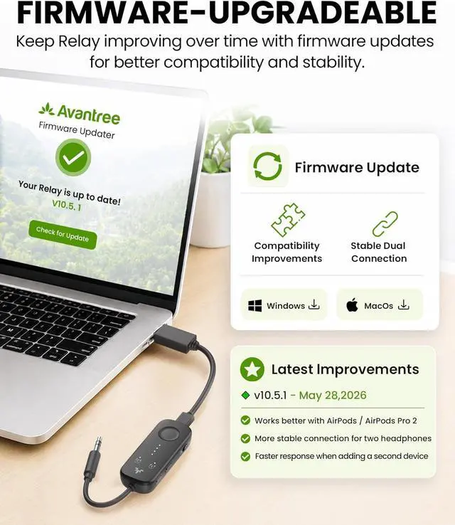 Alt view image 6 of 7 - Relay Airplane Bluetooth Adapter for 2 AirPods or Headphones | Future-Proof Firmware Upgradable Qualcomm aptX Adaptive 25H Battery 3.5mm AUX Transmitter for Flight Travel & Gym