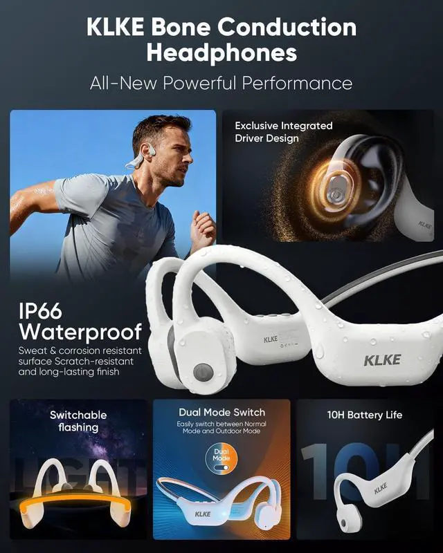 Alt view image 2 of 7 - Open-Ear Bone Conduction Headphones IP66 Waterproof Integrated Transducer Running Headphones with Dual Mode Rear Safety Light 10H Battery Advanced Mic for Cycling Hiking & Outdoor Sports