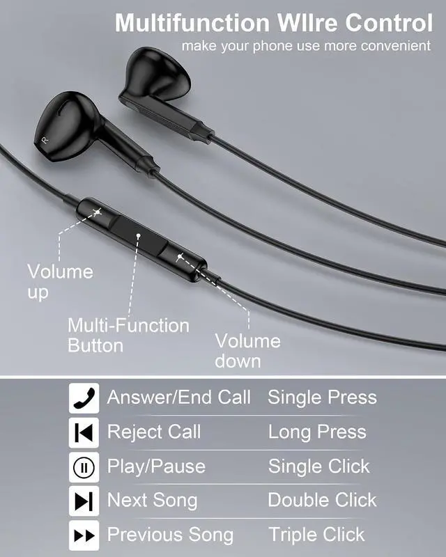 Alt view image 4 of 7 - Wired Earbuds USB C for iPhone 17e 16e 17 Air 16 Pro Max 15 | Black | Type C Corded Earphones Earpods Cable with Mic USB C Wired Headphones for Galaxy S26 S25 S24 Ultra S23 Pixel 10 9