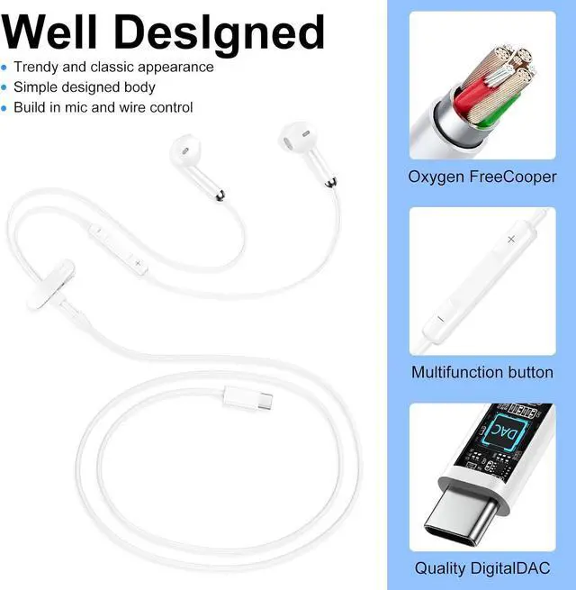 Alt view image 6 of 6 - USB C Earphones Headset Headphone Wired Type C Earbuds Mic & Noise Cancelling USBC Ear Air Buds pods for iPhone 16 15 Pro Max iPad Earpods Galaxy S25/S24/S23/ Google Pixel LG Moto