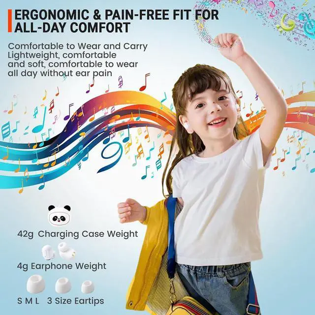 Alt view image 7 of 7 - Kids Wireless Earbuds with Rotating Chaging Case Wireless Bluetooth Earbuds for Kids Kid Ear Buds with Mic 88dB Safe Volume Earphones Earpods in-Ear for Android iOS Cell Phone Laptop Panda