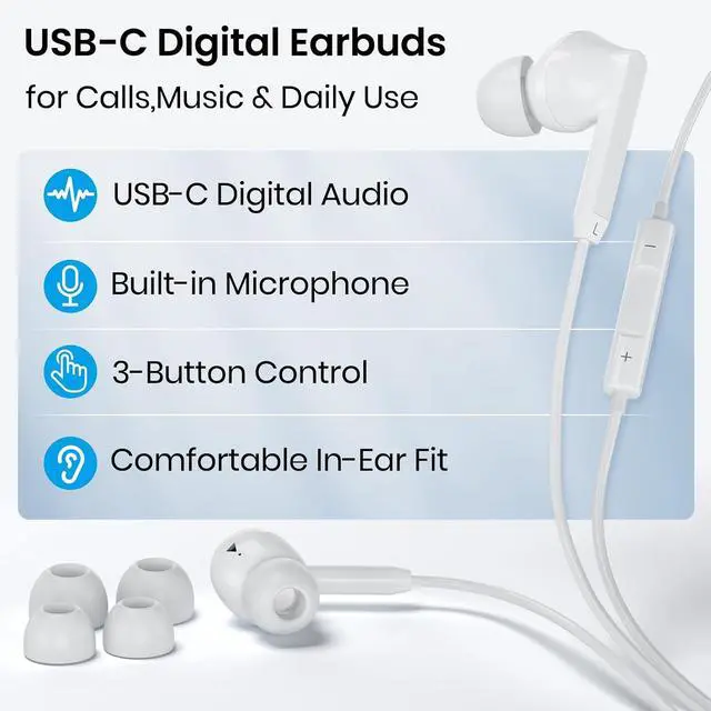 Alt view image 4 of 7 - USB C Wired Earbuds USB C Headphones Wired with Microphone 2 Pack for iPhone 17/16/15 Pro Max Plus Type C in-Ear Earphones HiFi Stereo No Latency Comfortable for All-Day Use for Android