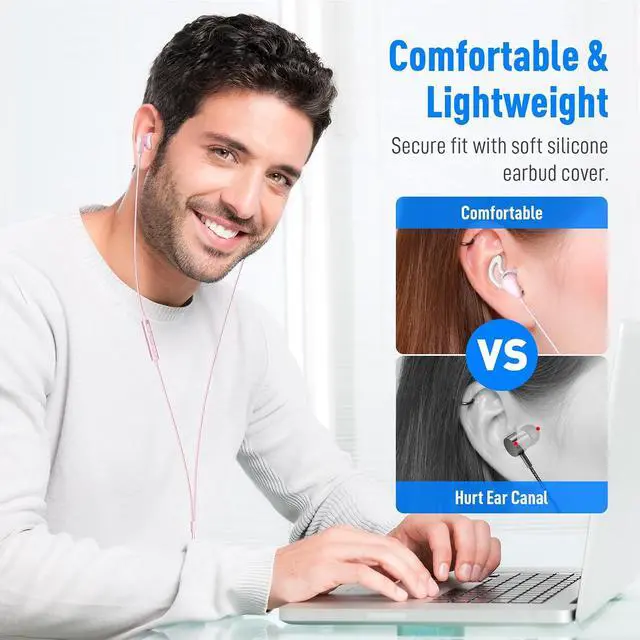 Alt view image 3 of 7 - Wired Earbuds Headphones for MacBook Pro Air Laptop Wired Earphones Corded 3.5mm Jack Plug-in Ear Buds with Microphone Volume Control for iPhone//Android/PC/Game Console/Kid/School Pink