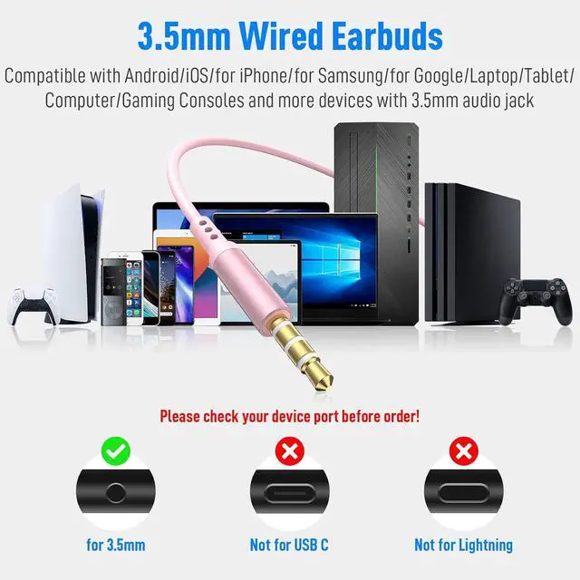 Alt view image 6 of 7 - Wired Earbuds Headphones for MacBook Pro Air Laptop Wired Earphones Corded 3.5mm Jack Plug-in Ear Buds with Microphone Volume Control for iPhone//Android/PC/Game Console/Kid/School Pink