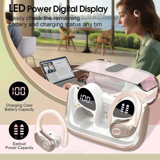 Alt view image 6 of 7 - Wireless Earbuds 75hrs Bluetooth 5.4 Headphone Sport 2026 Bluetooth Earbuds Stereo Deep Bass Over Ear Bud with Earhooks ENC Noise Cancelling Mic IPX7 Waterproof Earphone for Gym/Workout Rose Gold