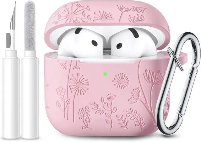 Main image of for Airpods 4 Case Cover with Cleaner Kit Cute Flower Engraved Silicone Protective Case Cover with Keychain Compatible with Airpods 4 Case 2024 for Women and Girls Pink