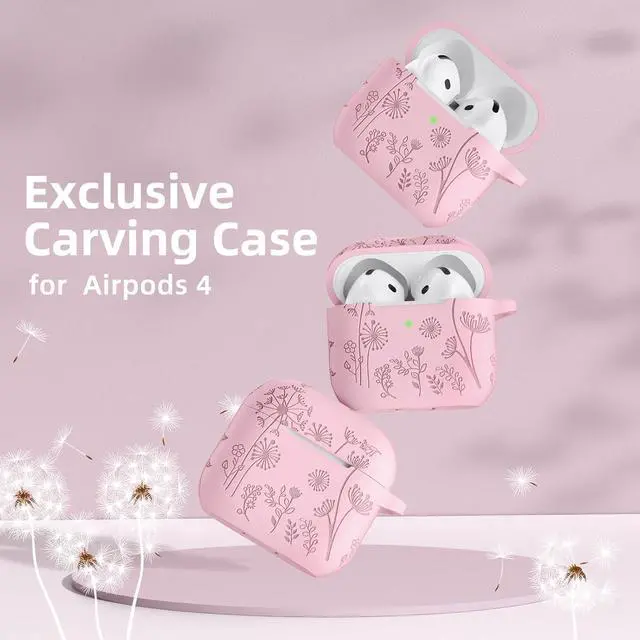Alt view image 2 of 7 - for Airpods 4 Case Cover with Cleaner Kit Cute Flower Engraved Silicone Protective Case Cover with Keychain Compatible with Airpods 4 Case 2024 for Women and Girls Pink