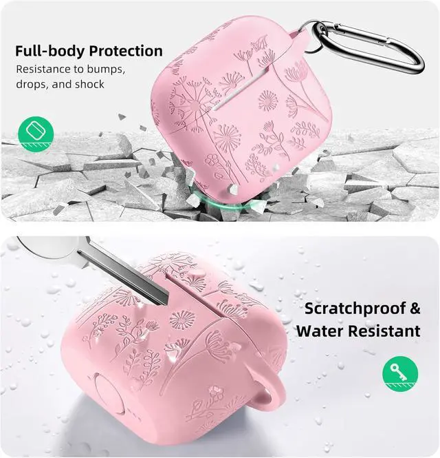Alt view image 3 of 7 - for Airpods 4 Case Cover with Cleaner Kit Cute Flower Engraved Silicone Protective Case Cover with Keychain Compatible with Airpods 4 Case 2024 for Women and Girls Pink