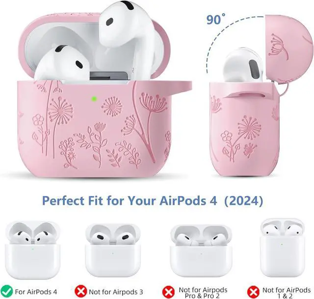 Alt view image 7 of 7 - for Airpods 4 Case Cover with Cleaner Kit Cute Flower Engraved Silicone Protective Case Cover with Keychain Compatible with Airpods 4 Case 2024 for Women and Girls Pink