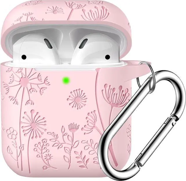 Main image of Flower Engraved Case for AirPods Case Cover Stylish Soft Silicone Protector with Keychain Compatible with AirPods 1st/2nd Generation Charging Case Front LED Visible Pink