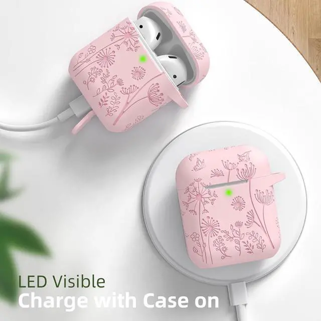 Alt view image 7 of 7 - Flower Engraved Case for AirPods Case Cover Stylish Soft Silicone Protector with Keychain Compatible with AirPods 1st/2nd Generation Charging Case Front LED Visible Pink