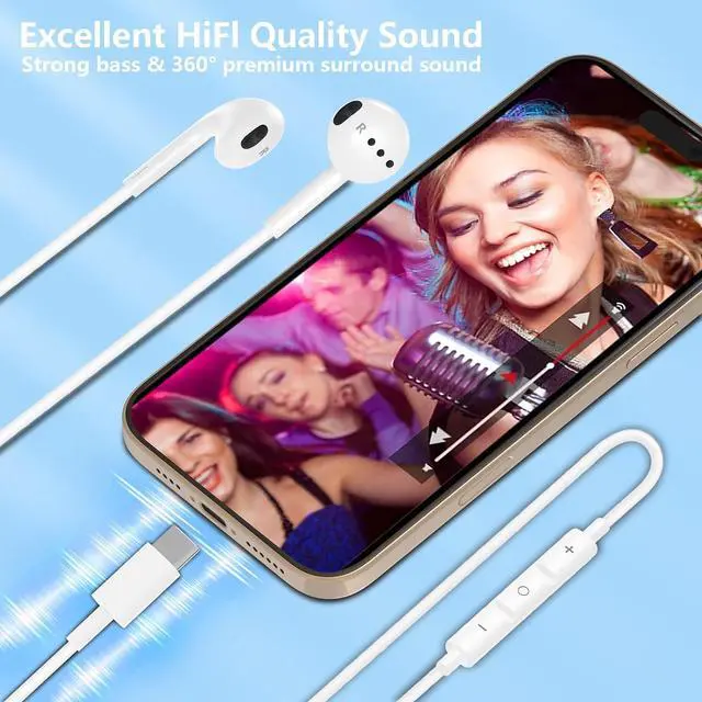 Alt view image 2 of 7 - EarPods Headphones with USB-C Connector for iPhone 17 16 15 2Pack Wired Ear Buds Hi-Fi Earbuds with Built-in Remote to Control Music Volume and Calling Microphone for iPhone 17 16 15 Pro iPad