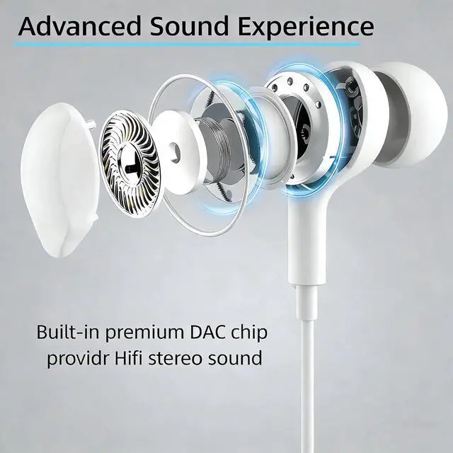 Alt view image 7 of 7 - USB-C Wired Headphones for iPhone 17/17 Pro/17 Pro Max Earphones with Built-in Microphone & Volume Control Compatible with iPhone 16/15 Series iPad Pro/Air Galaxy S25 (Type C)