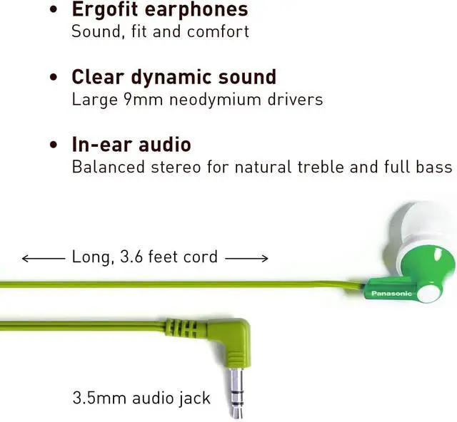 Alt view image 2 of 6 - ErgoFit In-Ear Earbud Headphones RP-HJE120-G (Green) Dynamic Crystal Clear Sound Ergonomic Comfort-Fit