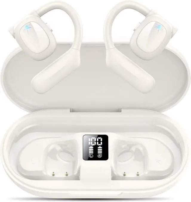 Main image of Open Ear Bluetooth 5.3 Headphones Wireless Earbuds Sport Over Earphones Built-in Mic with Earhooks 75H Playtime Ear Buds LED Display Charging Case IPX5 Waterproof for Running Fitness Pearl White