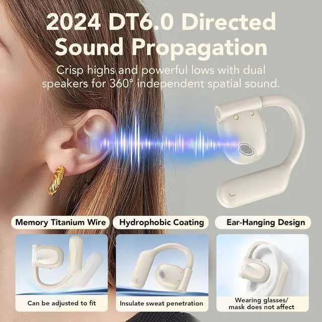 Alt view image 5 of 6 - Open Ear Bluetooth 5.3 Headphones Wireless Earbuds Sport Over Earphones Built-in Mic with Earhooks 75H Playtime Ear Buds LED Display Charging Case IPX5 Waterproof for Running Fitness Pearl White