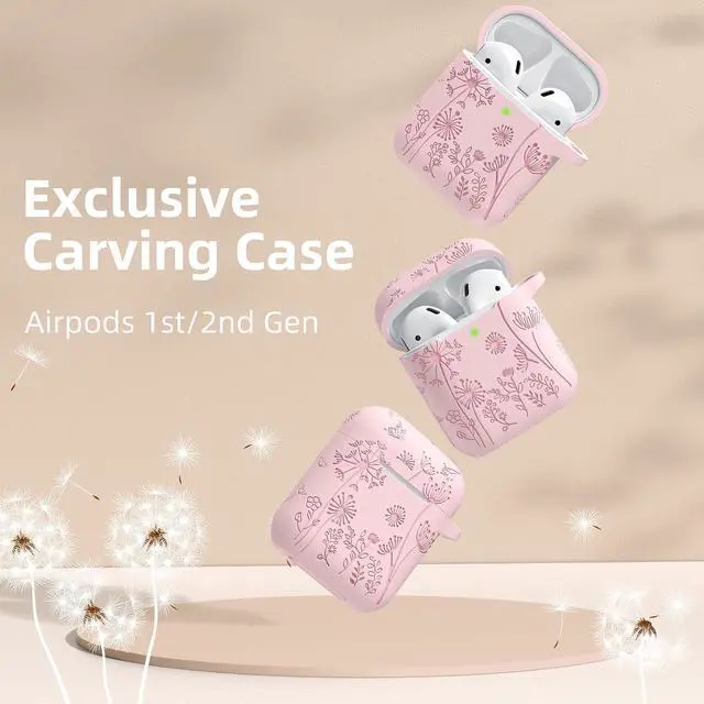Alt view image 2 of 7 - Flower Engraved Case for AirPods Case Cover Stylish Soft Silicone Protector with Keychain Compatible with AirPods 1st/2nd Generation Charging Case Front LED Visible Pink