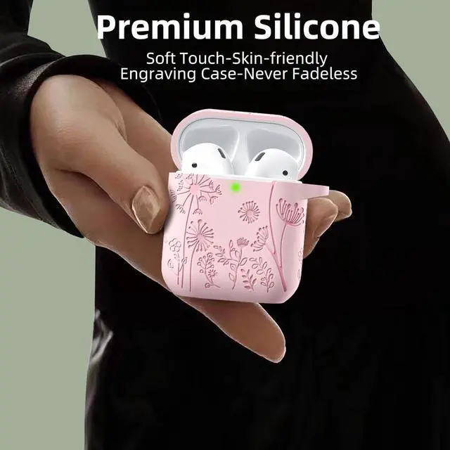 Alt view image 4 of 7 - Flower Engraved Case for AirPods Case Cover Stylish Soft Silicone Protector with Keychain Compatible with AirPods 1st/2nd Generation Charging Case Front LED Visible Pink