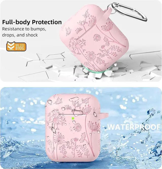 Alt view image 3 of 7 - Flower Engraved Case for AirPods Case Cover Stylish Soft Silicone Protector with Keychain Compatible with AirPods 1st/2nd Generation Charging Case Front LED Visible Pink