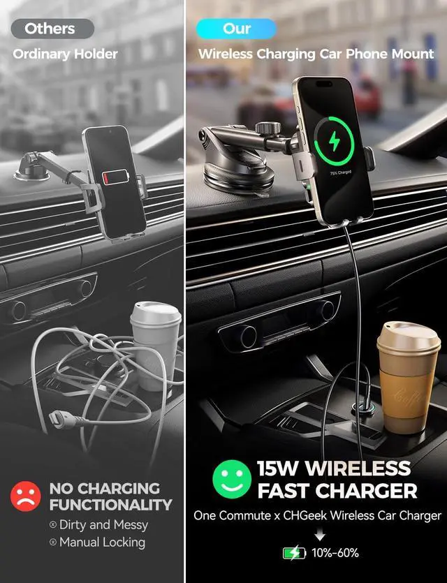 Alt view image 3 of 7 - Wireless Car Charger with Phone Holder Mount 15W Fast Charging Auto Clamping Phone Holders for You Car Windshield Dashboard Air Vent Accessories for iPhone Galaxy Google etc