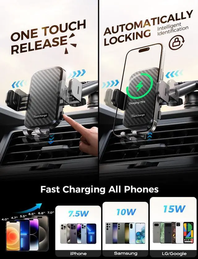 Alt view image 4 of 7 - Wireless Car Charger with Phone Holder Mount 15W Fast Charging Auto Clamping Phone Holders for You Car Windshield Dashboard Air Vent Accessories for iPhone Galaxy Google etc