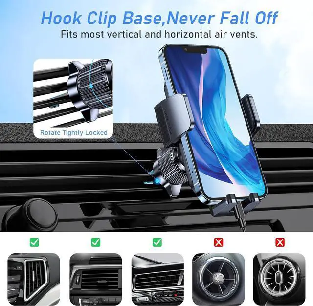 Alt view image 5 of 7 - Car Phone Holder Mount Super Stable Air Vent Cell Phone Car Mount with 2025 Metal Hook Clip 360° Rotation One Button Release for iPhone Galaxy Google and All Other Smartphones