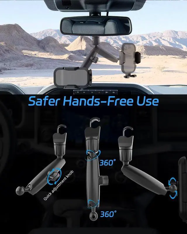 Alt view image 4 of 7 - 2026 Upgraded Rear View Mirror Phone Holders for Your Car Multi-Directional Dual 360 Rotatable Adjustment Phone Mount for iPhone Android Cell Phones