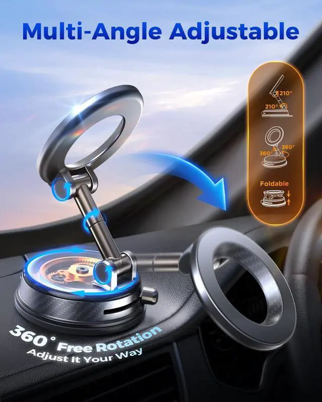 Alt view image 6 of 7 - 2026 Upgraded Vacuum Magnetic Car Phone Holder 85LBS Strongest Suction & 2600gf Magnetic for Magsafe Car Mount 360° Adjustable Foldable Cell Phone Holders for Your Car for iPhone 17 Pro Max 16 15