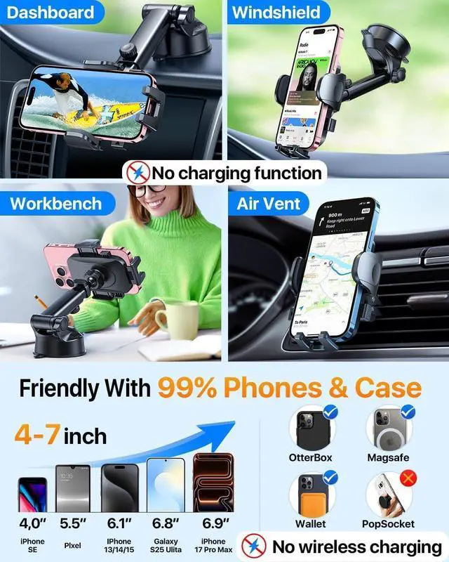 Alt view image 5 of 7 - Car Phone Holder2026 Upgraded 100+LBS Suction & Safety Cert Cell Phone Car Mount for Truck Heavy Duty Phone Holder for Dashboard/Windshield/Vent for iPhone 17 16 Pro Max Dark Black