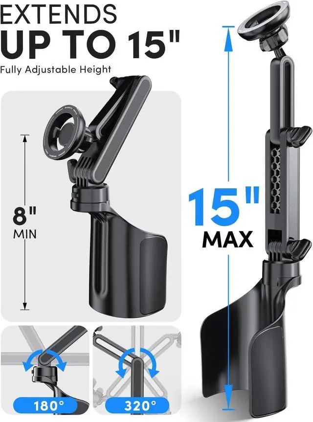 Alt view image 4 of 7 - Cup Holder Phone Holder for Magsafe Car Phone Holder Magnetic Upgraded 2 in 1 Cup Holder Phone Mount with Dual Adjustable Bases Powerful N55 Magnet 15 Height for iPhone 17 Pro Max 16 15