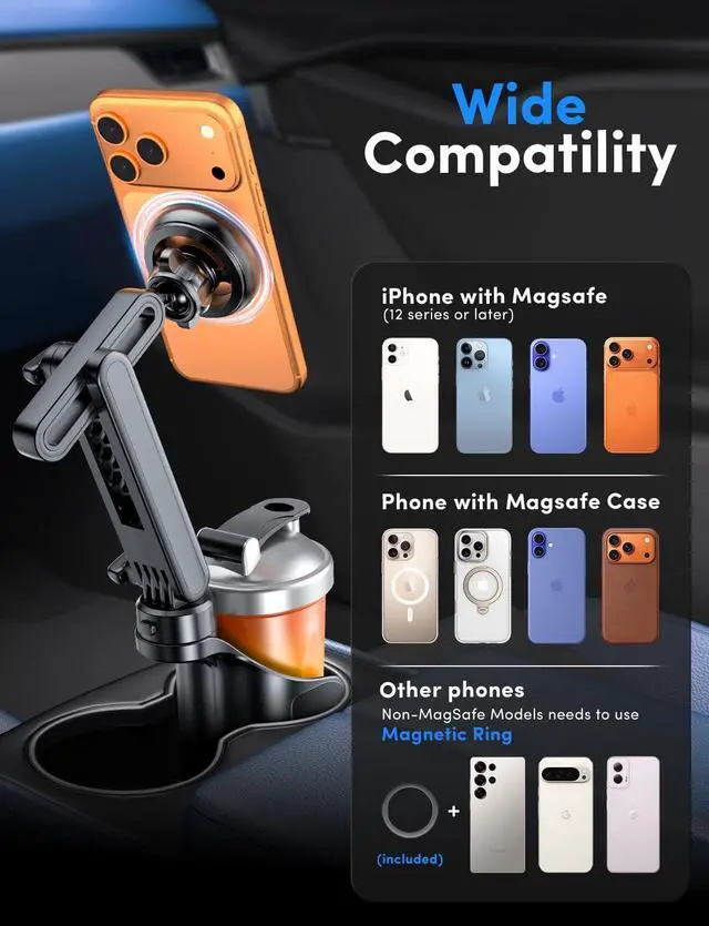 Alt view image 7 of 7 - Cup Holder Phone Holder for Magsafe Car Phone Holder Magnetic Upgraded 2 in 1 Cup Holder Phone Mount with Dual Adjustable Bases Powerful N55 Magnet 15 Height for iPhone 17 Pro Max 16 15