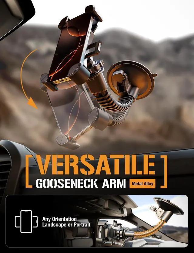 Alt view image 4 of 7 - Mammoth Truck Windshield Phone Mount Vibration Absorbing Car Phone holder with One-hand Quick Release Double-ribbed Gooseneck Expandable Claw Grip 360 rotation Extra Large Suction Cup