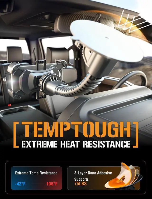 Alt view image 5 of 7 - Mammoth Truck Windshield Phone Mount Vibration Absorbing Car Phone holder with One-hand Quick Release Double-ribbed Gooseneck Expandable Claw Grip 360 rotation Extra Large Suction Cup