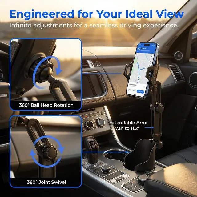 Alt view image 3 of 7 - Cup Holder Phone Holder for Car Long Arm with 360°Rotation Cell Phone Holder Mount for Car | Truck | Golf Cart Compatible with iPhone & & All Smartphones
