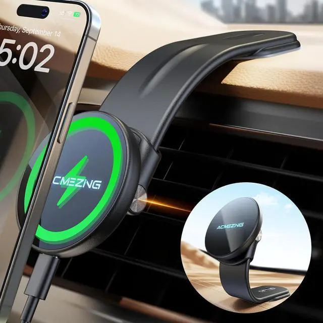 Main image of 15W Only for iPhone MagSafe Car Mount Charger 360% Adjustable Aluminum Alloy Arm Relocatable Car Phone Holder Magnetic Wireless Fast Charging Cell Phone Holder for All Car Models Black