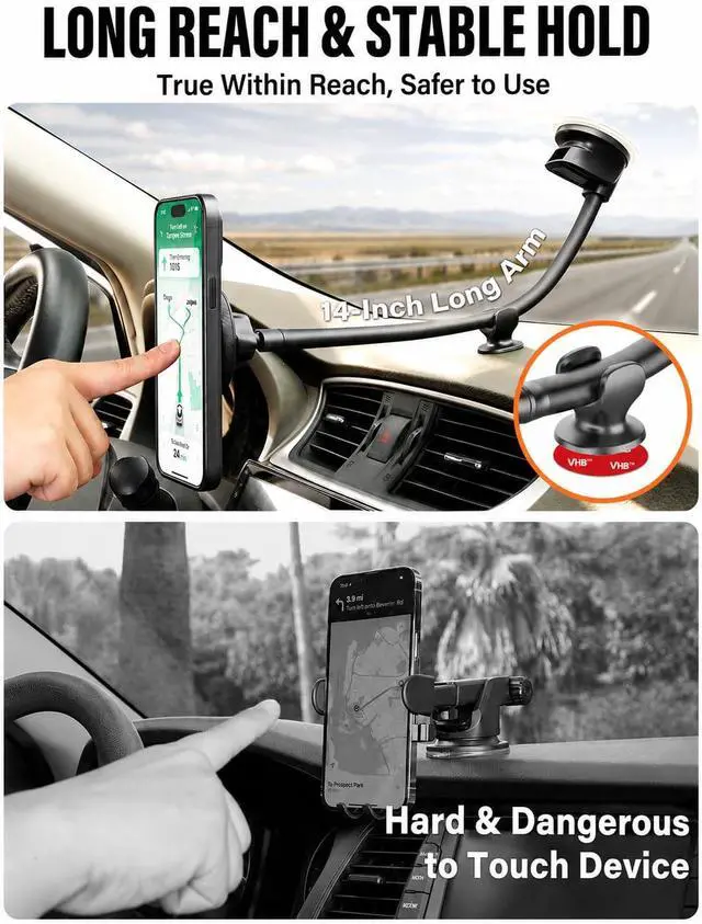 Alt view image 3 of 7 - Cell Phone Car Mount for MagSafe Magnetic Phone Holder for Car Upgraded 14-Inch Long Arm Suction Cup Windshield Phone Mount for Gift fits iPhone 17 Pro Max Plus 16 15 14 13 12 Mini