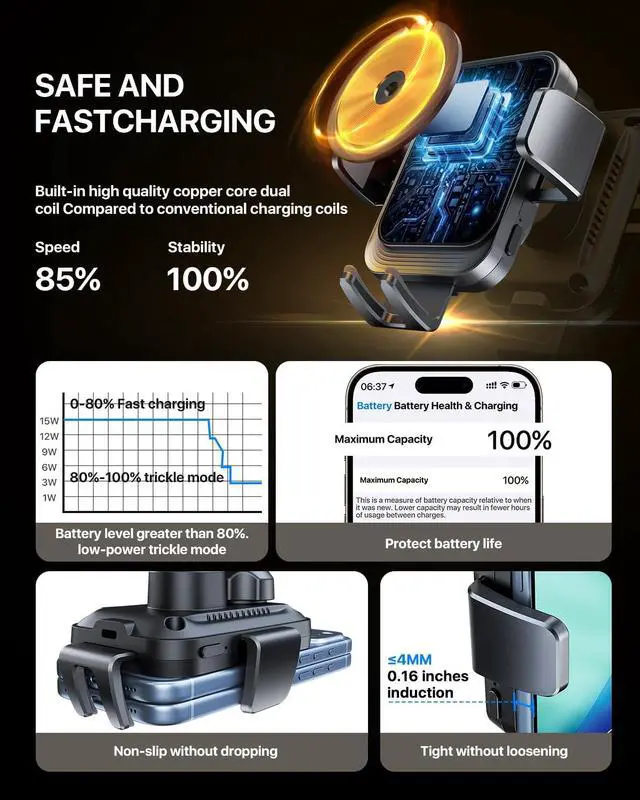 Alt view image 4 of 7 - Wireless Car Charger 15W Auto Clamping Car Charger Dash Windshield Air Vent Phone Holder Compatible with iPhone 17 16 15 14/13/13 Pro/12 pro/12/11/X/8 S25/S24/S23/S22 etc (Black)