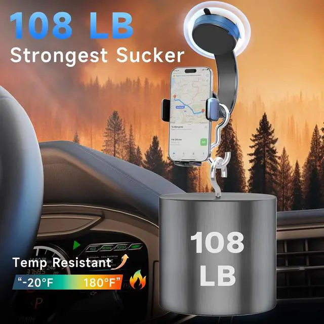 Alt view image 3 of 6 - Car Phone Holder 360°Rotation Vacuum Suction Cup Phone Mount - 108LBS Nano Gel for Car Bendable Arm & One-Hand Release Truck Phone Holder for iPhone 17 Pro Max Android