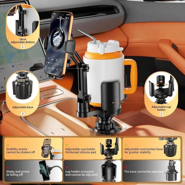 Alt view image 2 of 7 - Phone Holders for Your Car 2 in 1 Cup Holder Phone Mount with Expander Secure Hold Adjustable Base and Long Arm with 360°Rotation Car Phone Holder for 4-7 devices and Up to 5.31 Most Bottles