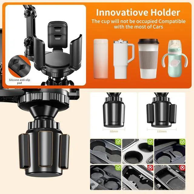 Alt view image 4 of 7 - Phone Holders for Your Car 2 in 1 Cup Holder Phone Mount with Expander Secure Hold Adjustable Base and Long Arm with 360°Rotation Car Phone Holder for 4-7 devices and Up to 5.31 Most Bottles