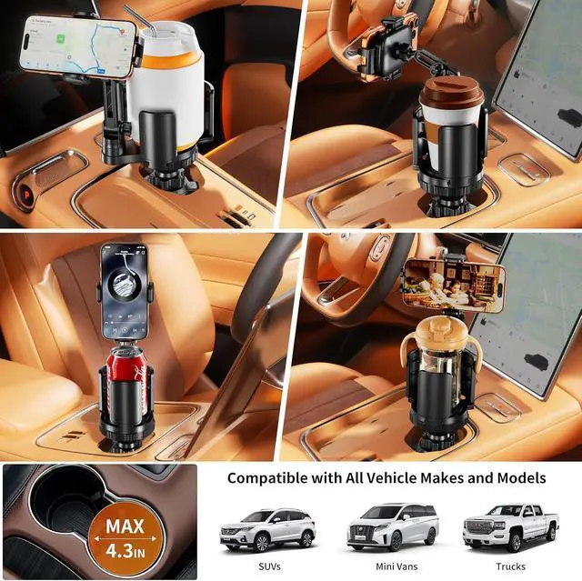 Alt view image 7 of 7 - Phone Holders for Your Car 2 in 1 Cup Holder Phone Mount with Expander Secure Hold Adjustable Base and Long Arm with 360°Rotation Car Phone Holder for 4-7 devices and Up to 5.31 Most Bottles