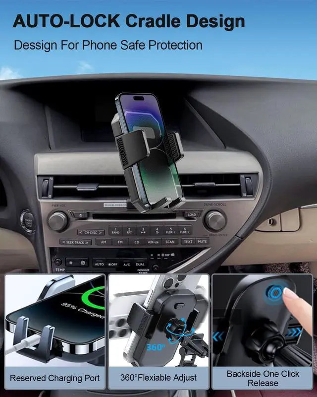 Alt view image 3 of 7 - Car Phone Mount for L-EXUS RX 350/ RX 450h 2010-2015 Accessories | Custom Air Vent Auto Lock One Button Release Car Phone Holder 360° Rotation Hands Free Cell Phone Automobile Cradles