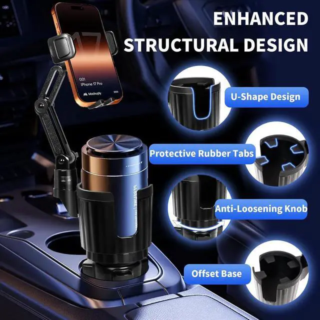 Alt view image 7 of 7 - Upgraded Cup Holder Phone Mount for Car - Permanent Screw-Fixed Base (No Wobble) Offset Space-Saving Design Universal Adjustable Cell Phone Cradle for iPhone Android SUV Truck