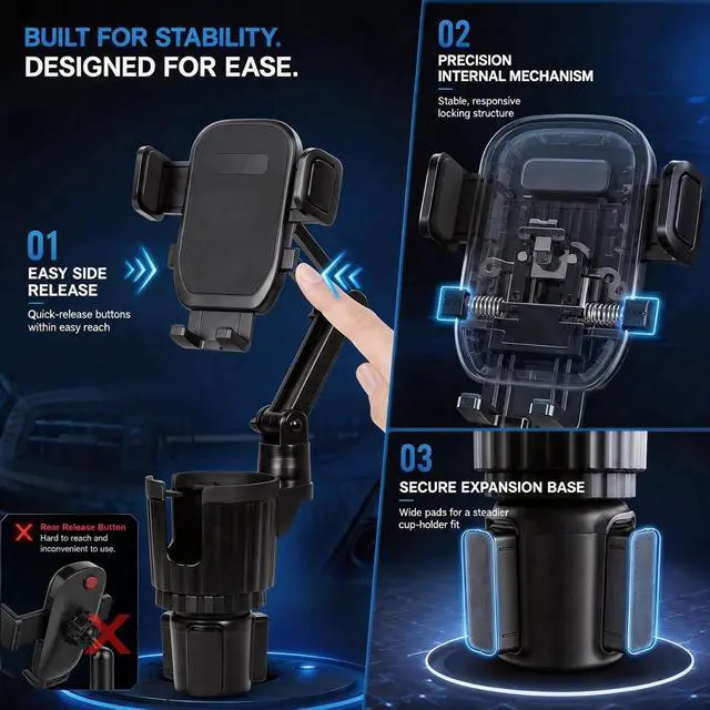 Alt view image 5 of 7 - Upgraded Cup Holder Phone Mount for Car - Permanent Screw-Fixed Base (No Wobble) Offset Space-Saving Design Universal Adjustable Cell Phone Cradle for iPhone Android SUV Truck