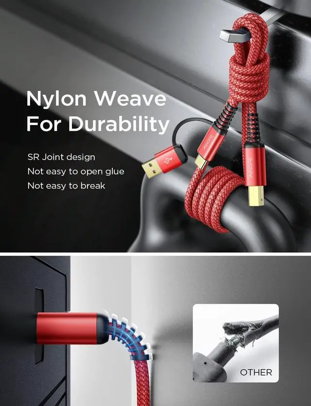 Alt view image 7 of 7 - Printer Cable 6.6 Feet Red Printer USB Cable USB A&USB C to USB-B 2.0 for MacBook Pro USB C MIDI Cable New-Nylon Braided Never Rupture for Yamaha Casio Digital Piano MIDI Controller